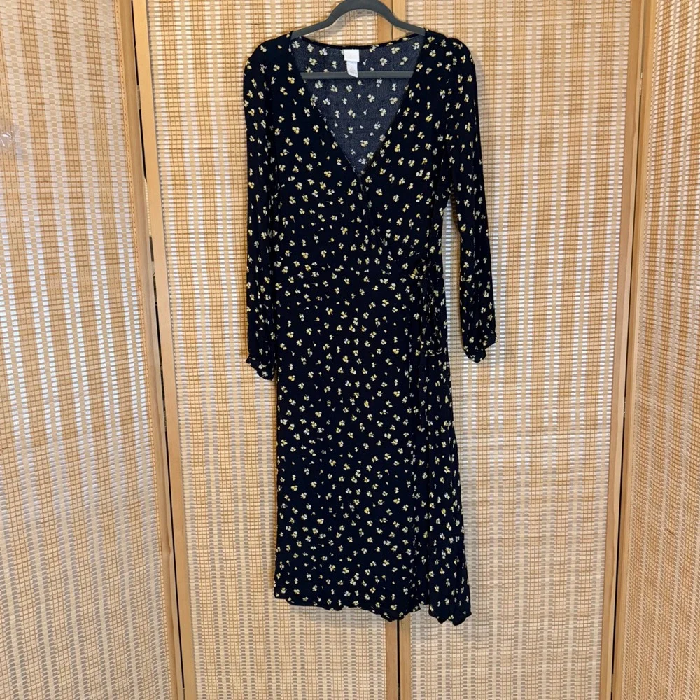 HM Navy Blue Floral Long Sleeve Wrap Midi Dress Womens Size 8 V-Neck Yellow - Picture 1 of 9